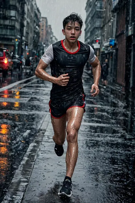 masterpiece, best quality, 1boy, athletic twunk, running on sidewalk, sport shorts, trainers, t-shirt, wet, wet clothes, rain, realistic, dramatic lighting, atmospheric, intricate detail, ((street background)),