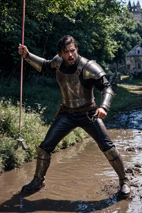 (masterpiece, best quality), a full body dynamic pose, cinematic shot, combat, photo of a (shouting masculine man, (short dark hair), angry facial expression stubble:1.2) futuristic red/black armor (muddy leather boots, tightly gripping swinging longsword:1.1),
BREAK
muddy path through a ruined medieval town , distant castle in the background, (extremely detailed CG unity 8k wallpaper), photo of the most beautiful artwork in the world, professional photorealistic picture, trending on ArtStation, trending on CGSociety, Intricate, High Detail, Sharp focus, dramatic, photorealistic painting art by midjourney looking at viewer, detailed eyes, (perfect eyes) ((detailed realistic skin, life-like detailed realistic face)), fantasy,