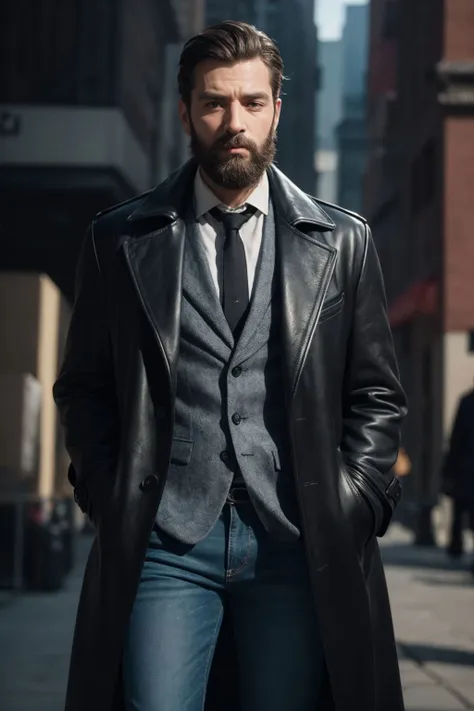 a portrait of handsome thoughtful (man) with grown beard, pipe on the mouth, wearing a  long leather coat, tie, denim pants, heroicly standing in the city streets, perfect eyes, perfect hands, ultra detailed skin BREAK best quality, from below, deep shadows,  8k, dslr, Kodak ektar 100, Fujifilm XT3, F4, 1/800s, ISO 100, RAW