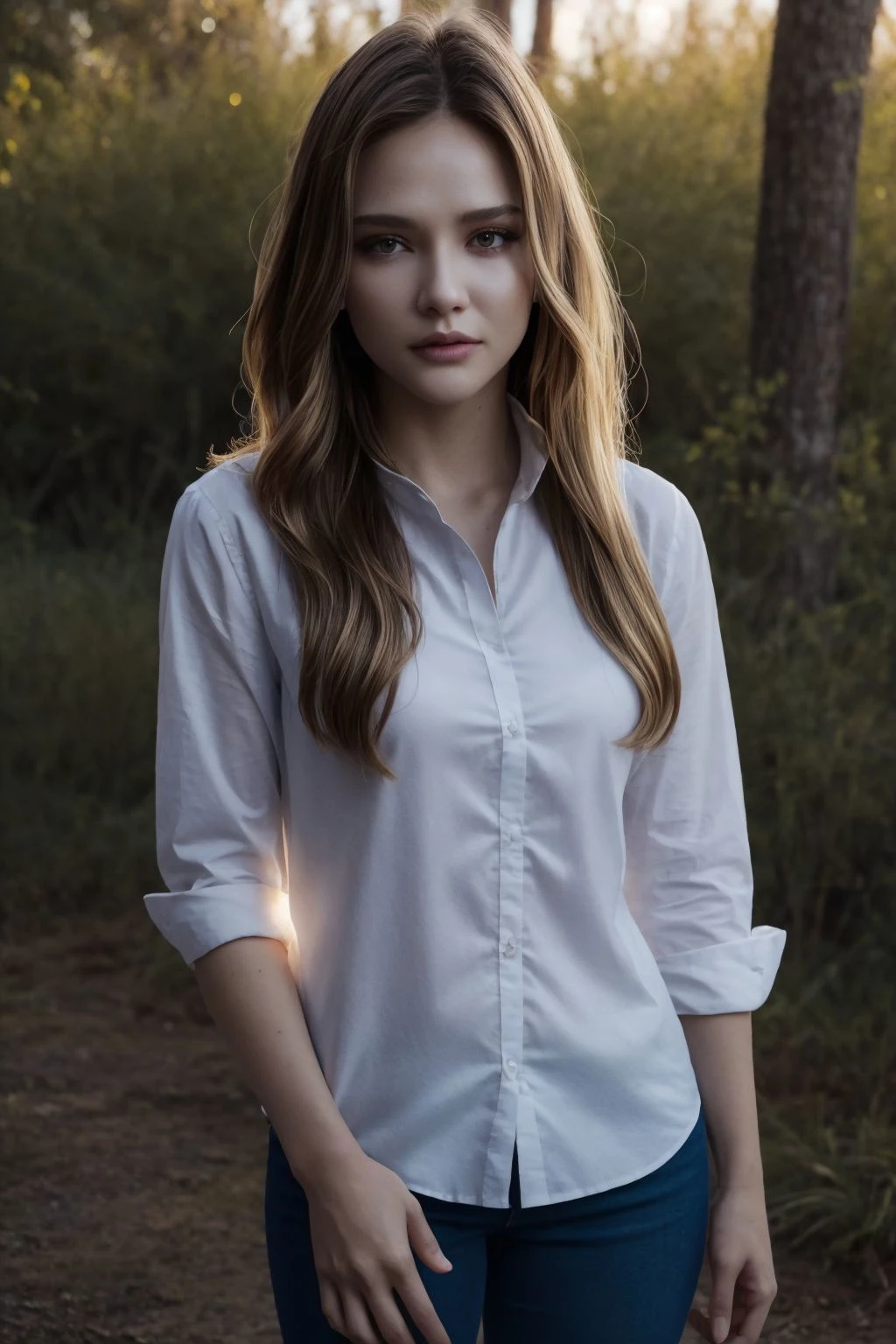 a photo of gorgeous alnabz woman, wearing a cotton shirt, slim pants, standing in the outdoor wilderness, (goldenhour), perfect eyes, perfect hands, curvy hips, ultra detailed skin, BREAK best quality, deep shadows, 8k, dslr, <lora:Alina_Boz:0.8>