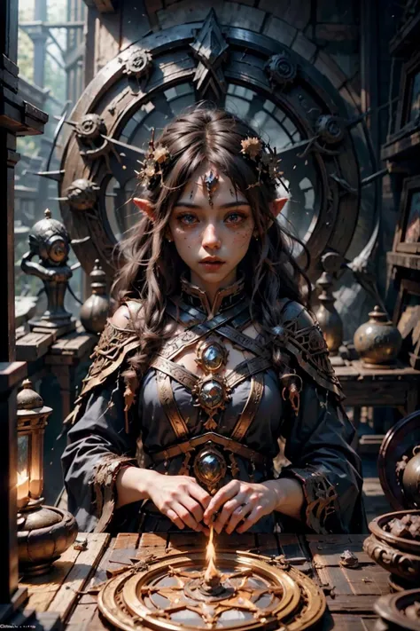 <lora:RPGGnome:1> rpggnome:1.2 pointy ears, 1girl long hair in chocolate brown with Sapphire eyes and Scattered eyebrows , mag wearing intricate robe powerfull wizard using magic circle <lyco:MagicalCircle_Sora style lycoris:1.0> holding gold rod with intricated gemstone background portrait , Ancient ruins of a forgotten civilization with overgrown vegetation. in background, realistic:1.2, masterpeice, ultradetailed, intricate details, perfect quality, ultrashapr, ultradetailed, photorealistic, perfect shadows, profesional lights, realistic, blurry, boekh, masterpiece light works,depth of fiel, ultradetailed character, pefect quality, maximum quality, intricate details, detailed face By jeremy mann, by sandra chevrier, by maciej kuciara, sharp, (perfect, body:1.1), realistic, real shadow, 3d, (dark castle background:1.2), (by Michelangelo), (profesional lights:1.3) (profesional photography:1.3), full body shoot, concept art of medieval rpg character <lyco:UnlimitedBladeWorks1.6 lycoris:1.0>