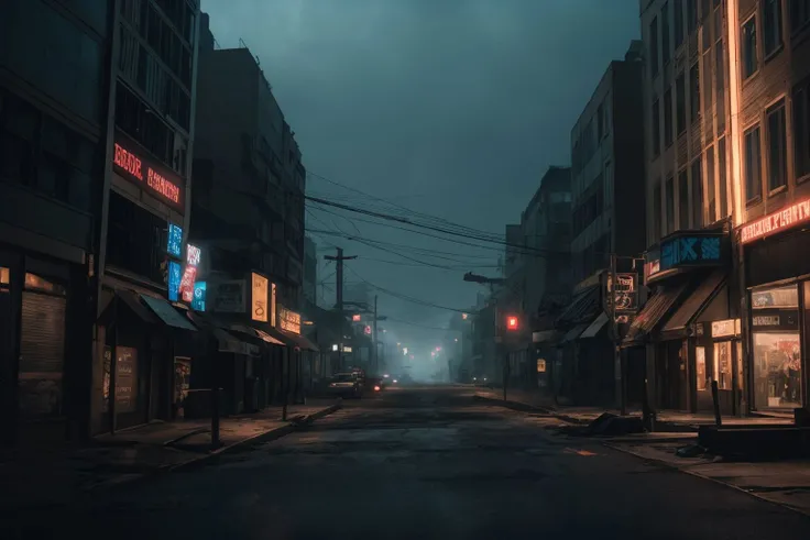 a photo of post apocalyptic city streets, (heavy acid rain), crepuscular rays BREAK best quality, deep shadows, 8k, dslr, Kodak ektar 100, Fujifilm XT3, F4, 1/800s, ISO 100, RAW