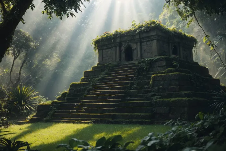 a photo of an grand incan monument inside a lush jungle, ivy around stones, crepuscular rays BREAK best quality, deep shadows,  8k, dslr, Kodak ektar 100, Fujifilm XT3, F4, 1/800s, ISO 100, RAW