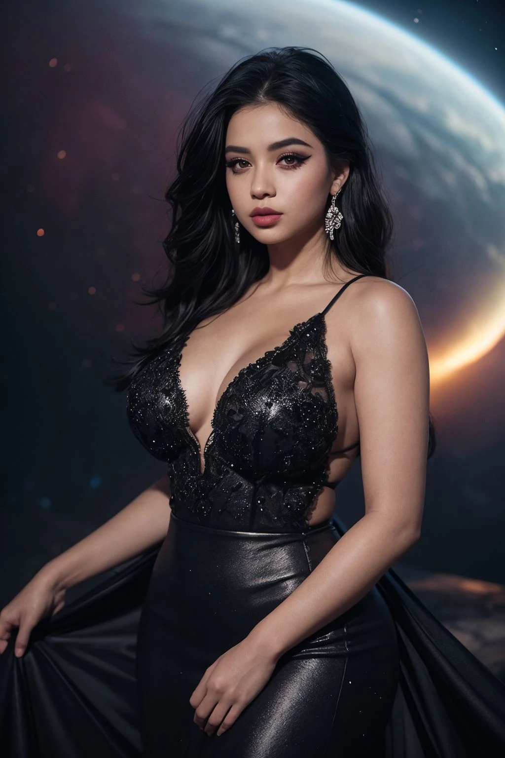 a photo of gorgeous 1girl, ((heart lips)), (smokey eyeliner makeup), wearing a opaque gown, standing in front of a nebula, perfect eyes, perfect hands, curvy hips, ultra detailed skin, crepuscular rays BREAK close-up, best quality, deep shadows, 8k, dslr, Kodak ektar 100, Fujifilm XT3, F4, 1/800s, ISO 100, RAW