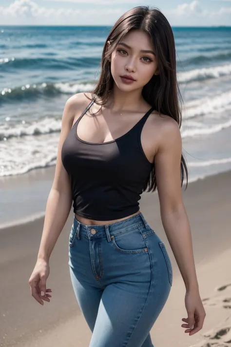 a photo of 1girl, ((heart shape lips)), straight hair, wearing a tanktop, slim denim pants, (overdo wingedeyeliner makeup), walking on the beach, perfect eyes, perfect hands, nice thin fingers, curvy hips, thick glutes, ultra detailed skin BREAK  best quality, deep shadows, 8k, dslr, Kodak ektar 100, Fujifilm XT3, F4, 1/800s, ISO 100, RAW <lora:epiNoiseoffset_v3:1>