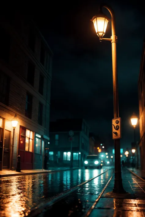 Heary rain at night gritty, mysterious, streetlamp, best quality, 8K soft colors, intricate detailed, cinematic, trending on artstation, sharp focus, ultra hd, realistic, vivid colors, highly detailed, UHD,