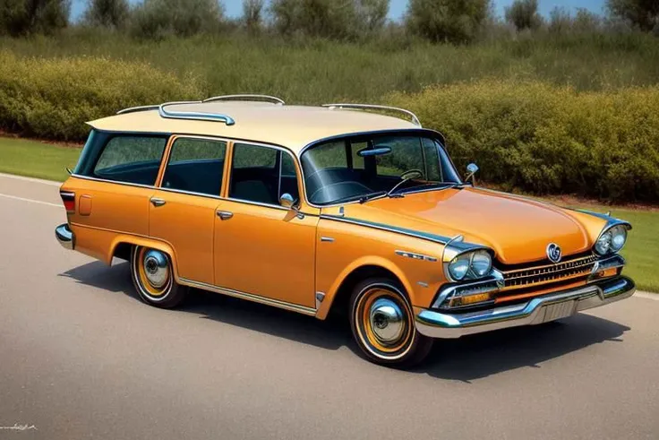(photorealistic, high resolution, uhd, 8k, masterpiece), 1960 funny weird Toyota Cressida Suburban, Volkswagen Bug style