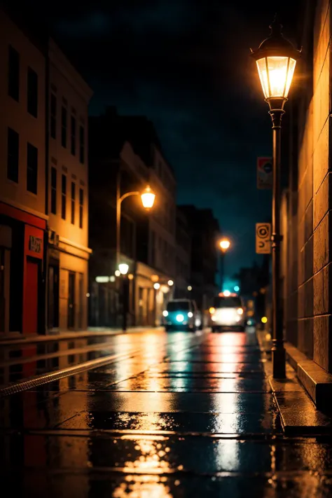 Heary rain at night gritty, mysterious, streetlamp, best quality, 8K soft colors, intricate detailed, cinematic, trending on artstation, sharp focus, ultra hd, realistic, vivid colors, highly detailed, UHD,