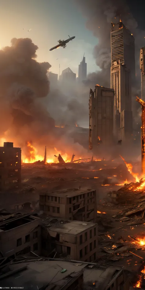 a ruined futuristic metropolis with collapsed buildings and fires while enemy bombers fly overhead, realistic, 4k, chaotic, apocalyptic