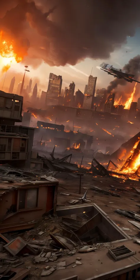 a ruined futuristic metropolis with collapsed buildings and fires while enemy bombers fly overhead, realistic, 4k, chaotic, apocalyptic