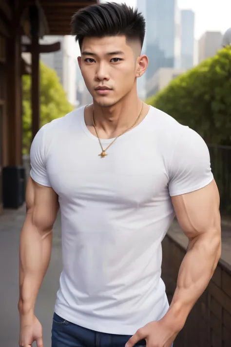 1boy, ((Asian)), Japanese male, (male:1.5), 25 y.o., grey eyes, slanty eyes, (very short hair:1.3), under_cut, Pompadour, (skinny white T-shirt), (ripped jean), (((handsome, sharp, savage facial features,))), (stout muscular body), (stout physique), outdoors, detailed background, Modern metropolis