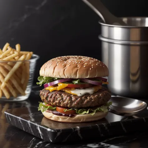 photo of a hamburger,on a black marble counter,chef utensils in the background,photorealistic,extreemly detailed,intricate,skin texture,film grain,HDR, 8k,hyper realistic,cinematic lighting,photography <lora:hypercars:0.4>