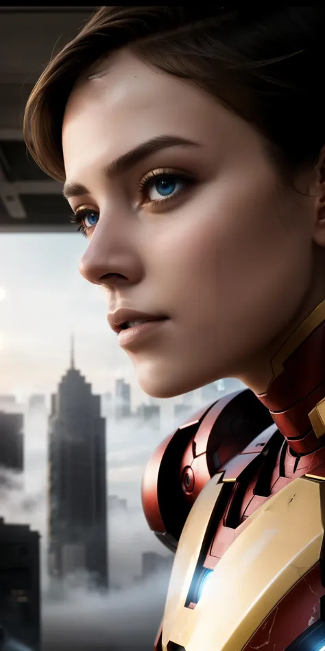1 girl, full Body Portrait, wearing a futuristic Iron Man mech, Delicate Face, Vibrant Eyes, no mask, (detailed face), (detailed eyes), (long hair), red and gold color scheme, sunlight, stunningly beautiful, dynamic poses, view from front, highly detailed abandoned warehouse background, detailed and complex busy background, messy, gorgeous, milky white, high detailed skin, realistic skin details, visible pores , sharp focus, volumetric fog, 8k uhd, dslr camera, high quality, hyper realistic, cinematic lighting, photography, film grain, photorealism, sprawling metropolis in futuristic dystopia, view from below