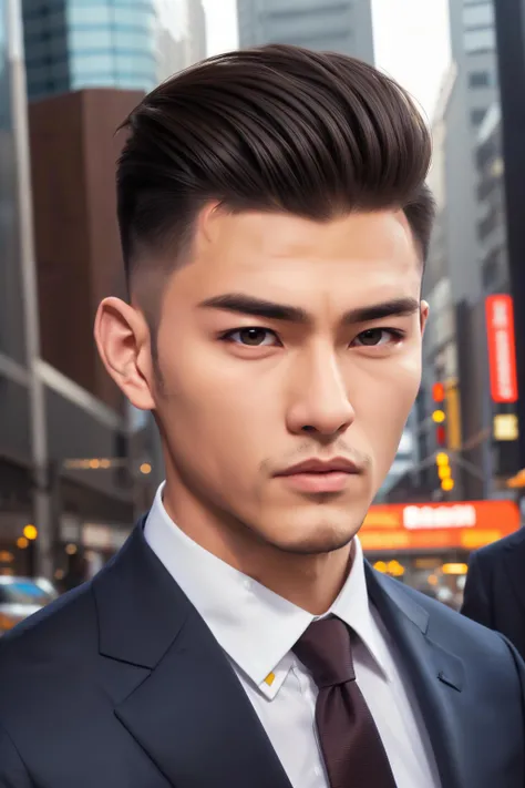 1boy, Japanese male, (male:1.5), 25 y.o., grey eyes, slanty eyes, (very short hair:1.3), under_cut, Pompadour, ((formal)), ((suit)), (((handsome, sharp, savage facial features,))), (stout muscular body), (stout physique), outdoors, detailed background, Modern metropolis