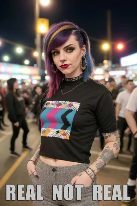 full-body photo of a 30yo emo woman, kind smirk, wearing colorful wool jersey, hair ornaments, piercings, pants,attending a punk concert,party crowd background,at night,bokeh,photorealistic,extreemly detailed,intricate,skin texture,film grain,HDR, 8k,hyper realistic,cinematic lighting,photography