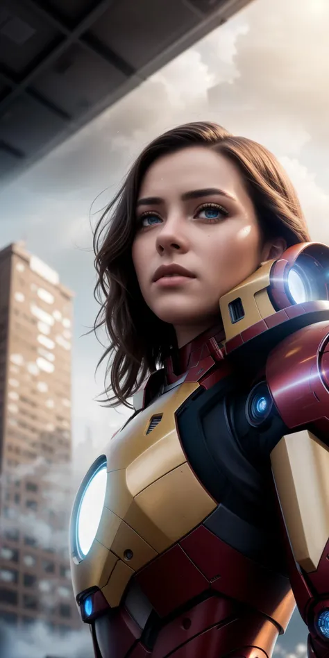 1 girl, full Body Portrait, wearing a futuristic Iron Man mech, Delicate Face, Vibrant Eyes, no mask, (detailed face), (detailed eyes), (long hair), red and gold color scheme, sunlight, stunningly beautiful, dynamic poses, view from front, highly detailed abandoned warehouse background, detailed and complex busy background, messy, gorgeous, milky white, high detailed skin, realistic skin details, visible pores , sharp focus, volumetric fog, 8k uhd, dslr camera, high quality, hyper realistic, cinematic lighting, photography, film grain, photorealism, sprawling metropolis in futuristic dystopia, view from below