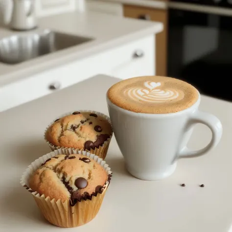 a hot coffee cup and chocolat chip muffins, on a kitchen counter