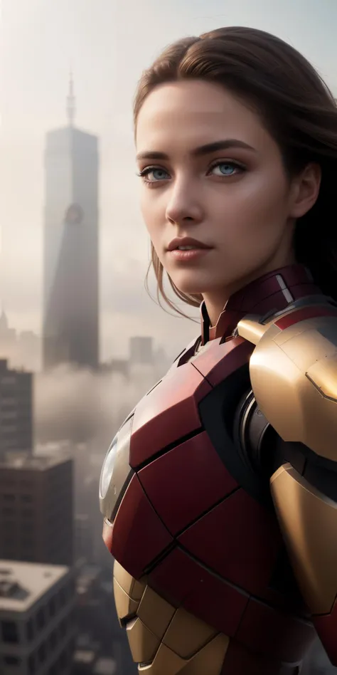 1 girl, full Body Portrait, wearing a futuristic Iron Man mech, Delicate Face, Vibrant Eyes, no mask, (detailed face), (detailed eyes), (long hair), red and gold color scheme, sunlight, stunningly beautiful, dynamic poses, view from front, highly detailed abandoned warehouse background, detailed and complex busy background, messy, gorgeous, milky white, high detailed skin, realistic skin details, visible pores , sharp focus, volumetric fog, 8k uhd, dslr camera, high quality, hyper realistic, cinematic lighting, photography, film grain, photorealism, sprawling metropolis in futuristic dystopia, view from below