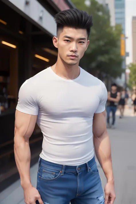 1boy, ((Asian)), Japanese male, (male:1.5), 25 y.o., grey eyes, slanty eyes, (very short hair:1.3), under_cut, Pompadour, (skinny white T-shirt), (ripped jean), (((handsome, sharp, savage facial features,))), (stout muscular body), (stout physique), outdoors, detailed background, Modern metropolis