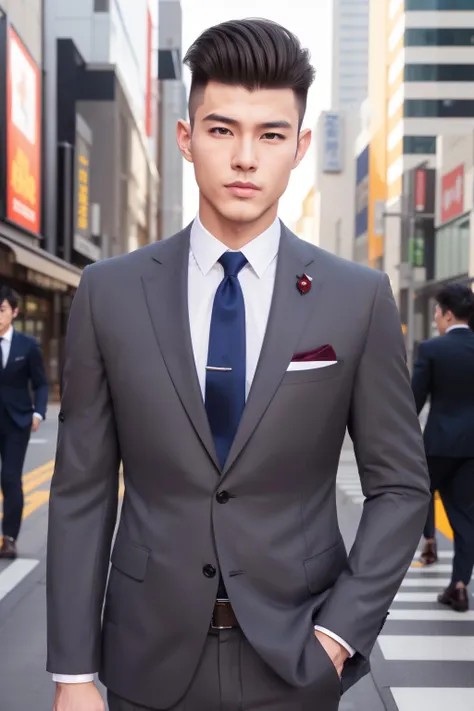 1boy, Japanese male, (male:1.5), 25 y.o., grey eyes, slanty eyes, (very short hair:1.3), under_cut, Pompadour, ((formal)), ((suit)), (((handsome, sharp, savage facial features,))), (stout muscular body), (stout physique), outdoors, detailed background, Modern metropolis