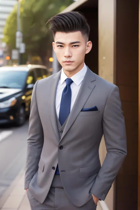 1boy, Japanese male, (male:1.5), 25 y.o., grey eyes, slanty eyes, (very short hair:1.3), under_cut, Pompadour, ((formal)), ((suit)), (((handsome, sharp, savage facial features,))), (stout muscular body), (stout physique), outdoors, detailed background, Modern metropolis