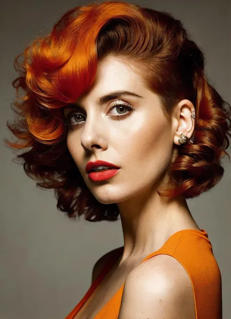 analog style, modelshoot style, portrait of sks woman by Flora Borsi, style by Flora Borsi, bold, bright colours, orange Mohawk haircut, ((Flora Borsi)), <lora:locon_alisonbrie_v1_from_v1_64_32:1.3>