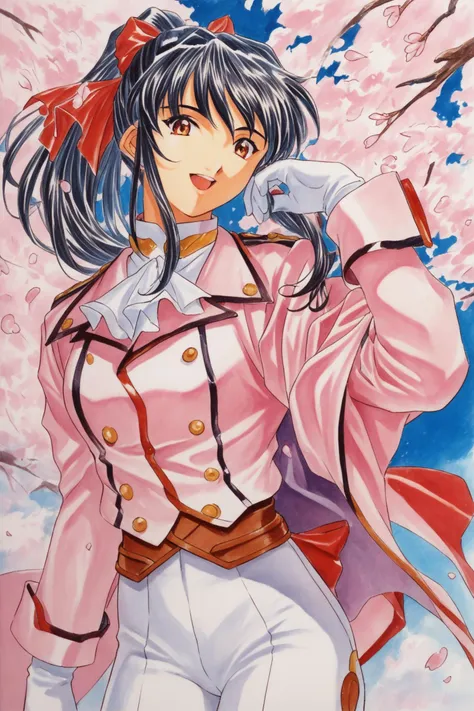 Shinguji Sakura,1girl,solo,cowboy shot,smile,open mouth,looking at viewer,black hair,high ponytail,hair ribbon,red ribbon,red bow,ponytail,white pants,uniform,military uniform,pink jacket,white gloves,white ascot,cherry blossoms,traditional media,score_9,score_8_up,<lora:Kosuke Fujishima_XL_PONY:0.9>,<lora:sakuraS_autismConfetti_v01:0.5>,