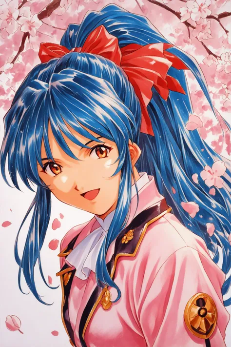 Shinguji Sakura,1girl,solo,cowboy shot,smile,open mouth,looking at viewer,upper body,blue hair,high ponytail,hair ribbon,red ribbon,red bow,ponytail,white pants,uniform,military uniform,pink jacket,white gloves,white ascot,cherry blossoms,traditional media,score_9,score_8_up,<lora:Kosuke Fujishima_XL_PONY:0.9>,<lora:sakuraS_autismConfetti_v01:0.5>,