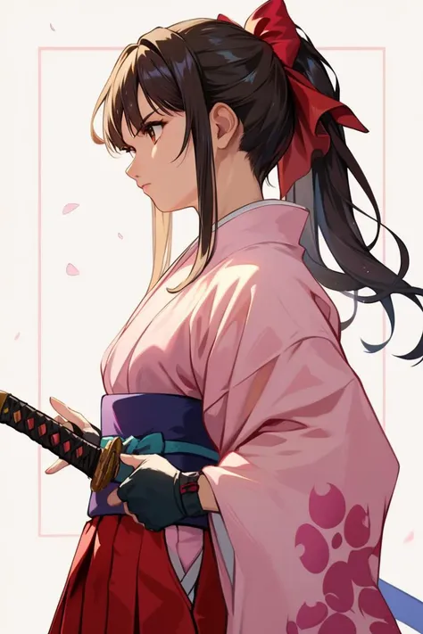 score_9, score_8_up, score_7_up, very aesthetic, source_anime, detailed, high quality, beautiful, masterpiece, detailed eyes,
simple background, blurry background,
<lora:lightXL:0.8>
cowboy shot, from side,
holding katana, unsheathing,
serious, 
<lora:sakuraS_autismConfetti_v01:0.95>
sakurabase, black hair, hair ribbon, red bow, brown hair, sidelocks, bangs,  ponytail
 japanese clothes, red hakama, pink kimono, meiji schoolgirl uniform, purple sash, fingerless gloves, green obijime,, zPDXL