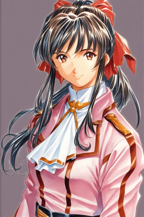 Shinguji Sakura,1girl,solo,cowboy shot,smile,looking at viewer,upper body,black hair,high ponytail,hair ribbon,red ribbon,brown hair,red bow,ponytail,white pants,uniform,military uniform,pink jacket,white gloves,white ascot,traditional media,score_9,score_8_up,<lora:Kosuke Fujishima_XL_PONY:0.9>,<lora:sakuraS_autismConfetti_v01:0.5>,