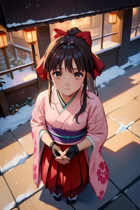 score_9, score_8_up, score_7_up, very aesthetic, source_anime, detailed, high quality, beautiful, masterpiece, detailed eyes,
cityscape, street, snow, night,
<lora:lightXL:0.8>
 own hands together, looking up, from above, close-up,
<lora:sakuraS_autismConfetti_v01:0.95>
sakurabase, black hair, hair ribbon, red bow, brown hair, sidelocks, bangs,  ponytail
 japanese clothes, red hakama, pink kimono, meiji schoolgirl uniform, purple sash, fingerless gloves, green obijime,, zPDXL