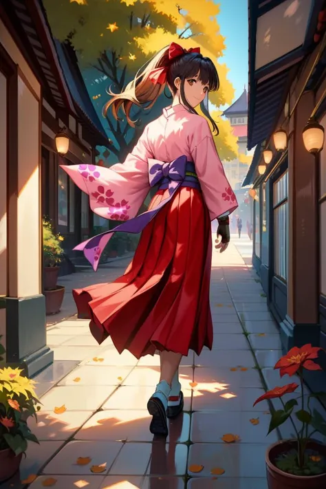 score_9, score_8_up, score_7_up, very aesthetic, source_anime, detailed, high quality, beautiful, masterpiece, detailed eyes,
cityscape, street, sakura tree,
<lora:lightXL:0.8>
from side,
walking, looking back, light smile,
<lora:sakuraS_autismConfetti_v01:0.95>
sakurabase, black hair, hair ribbon, red bow, brown hair, sidelocks, bangs,  ponytail
 japanese clothes, red hakama, pink kimono, meiji schoolgirl uniform, purple sash, fingerless gloves, green obijime,, zPDXL