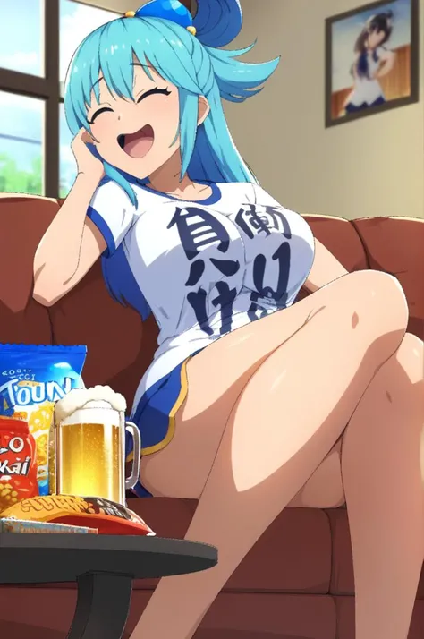 1girl,you work you lose, clothes writing,sitting sofa,beer,indoor,close up,snack,living room,window,sofa,bare legs,miniskirt ,white shirt,AquaXL,laughing,aqua hair<lora:youworkyoulose_XL_v1:0.7> <lora:Aqua_XL:0.8> <lora:XDetail_light:1.3>masterpiece,best quality
