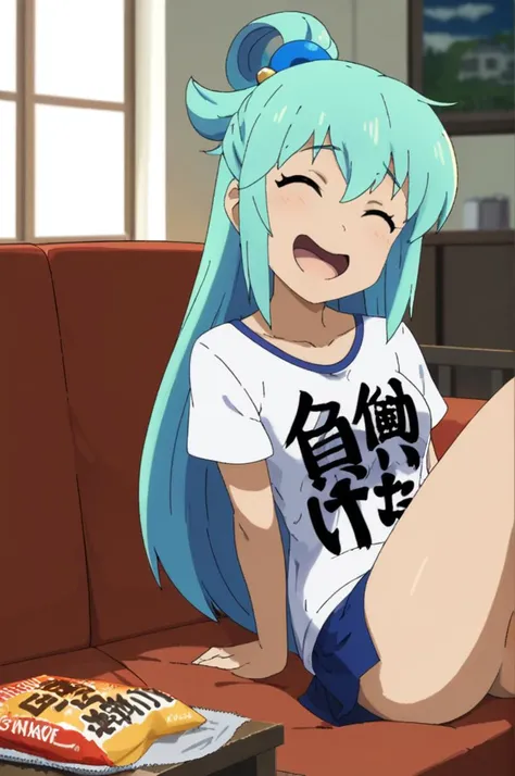 1girl,you work you lose, clothes writing,sitting sofa,beer,indoor,close up,snack,living room,window,sofa,bare legs,miniskirt ,white shirt,AquaXL,laughing,aqua hair<lora:youworkyoulose_XL_v1:0.7> <lora:Aqua_XL:0.8> <lora:XDetail_light:1.3>masterpiece,best quality,anime colored