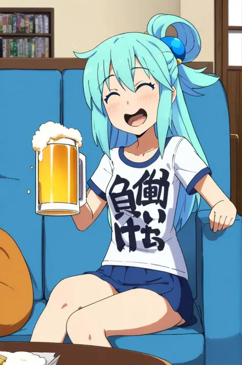 1girl,you work you lose, clothes writing,sitting sofa,beer,indoor,close up,snack,living room,window,sofa,bare legs,miniskirt ,white shirt,AquaXL,laughing,aqua hair<lora:youworkyoulose_XL_v1:0.7> <lora:Aqua_XL:0.8> <lora:XDetail_light:1.3>masterpiece,best quality