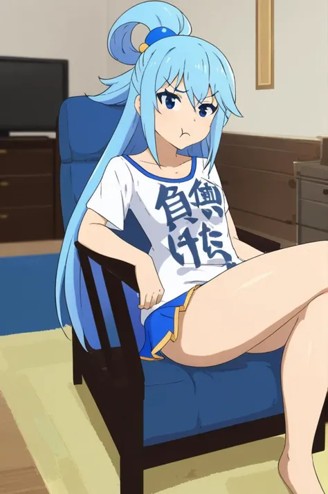 1girl,you work you lose, clothes writing,sitting chair,indoor,living room,bare legs,miniskirt ,white shirt,AquaXL,pout,aqua hair<lora:youworkyoulose_XL_v1:0.8>masterpiece,best quality <lora:Aqua_XL:0.8> <lora:XDetail_light:1>