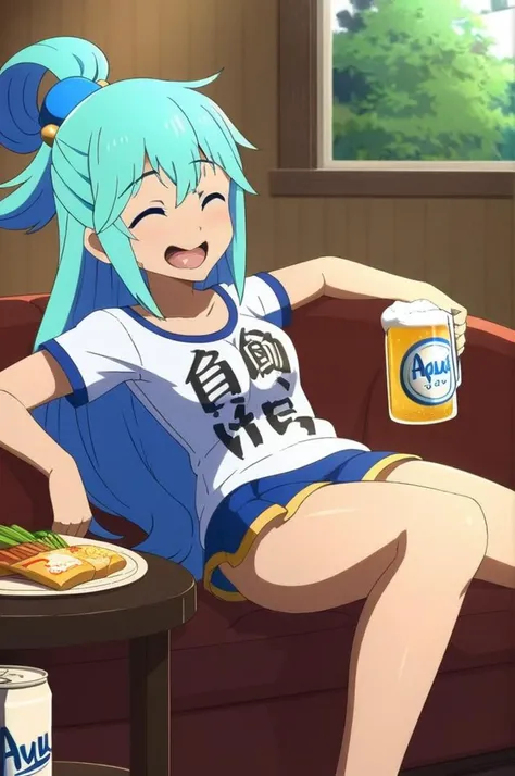 1girl,you work you lose, clothes writing,sitting sofa,beer,indoor,close up,snack,living room,window,sofa,bare legs,miniskirt ,white shirt,AquaXL,laughing,aqua hair<lora:youworkyoulose_XL_v1:0.7> <lora:Aqua_XL:0.8> <lora:XDetail_light:1.3>masterpiece,best quality,anime colored