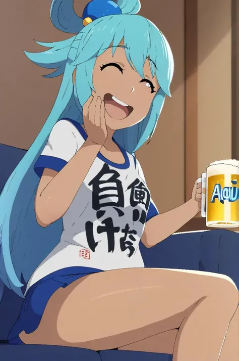 1girl,you work you lose, clothes writing,sitting sofa,beer,indoor,close up,snack,living room,window,sofa,bare legs,miniskirt ,white shirt,AquaXL,laughing,aqua hair<lora:youworkyoulose_XL_v1:0.8>masterpiece,best quality <lora:Aqua_XL:0.8> <lora:XDetail_light:1>