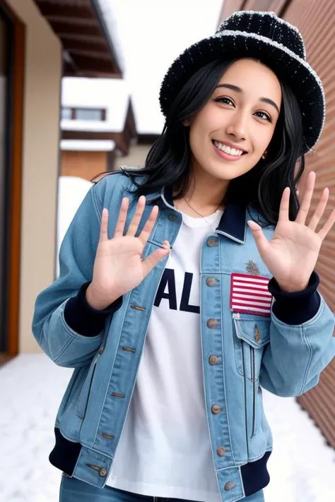 amia-4000, black hair, jacket, smiling, waving, hat, snowing, beautiful, cute, blushing, dappled with sunlight, cold breathing, amia-4000