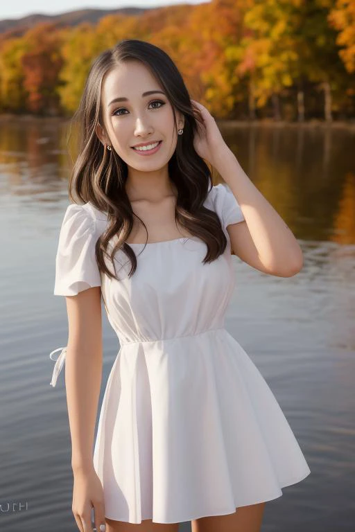 beautiful woman, amia-4000, cowboy_shot, white_dress, edge of a lake, wind, autumn_leaves, sunset, 4k, ultra detailed, Tsuya Tsuya style,