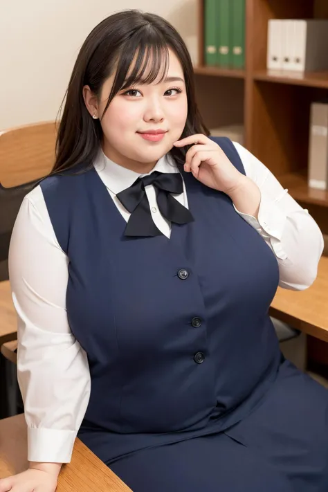 1 girl, cute, sexy, best quality, hires, detailed face, sitting on chair, office, detailed background, detailed lighting, depth of field, clerk suit, vest, pencil skirt, bow, <lora:weight_slider_v2:3>