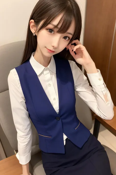 1 girl, cute, sexy, best quality, hires, detailed face, sitting on chair, office, detailed background, detailed lighting, depth of field, clerk suit, vest, pencil skirt, bow, <lora:weight_slider_v2:-3>