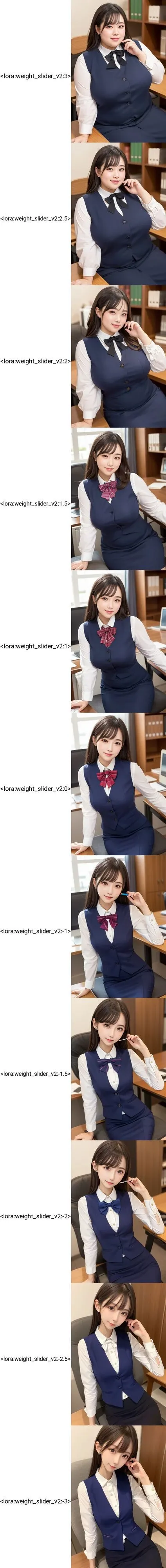 1 girl, cute, sexy, best quality, hires, detailed face, sitting on chair, office, detailed background, detailed lighting, depth of field, clerk suit, vest, pencil skirt, bow, <lora:weight_slider_v2:3>