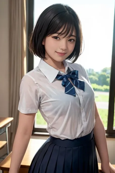 High resolution, high detail, dynamic pose , dynamic angle, summer, at classroom, morning, fine sky, country scene, look at viewer,
bra visible through clothes, bra white,(see-through:0.8),high school girls, (small breasts:1.1), dynamic pose , dynamic angle, indoors, standing, black hair, short bob hair, upper body, backlighting,
small eyes,( dropping eyes,:0.7) shy,
school blouse uniform, short sleeves, dark blue pleated skirt, long skirt , females hand, little smile, shy, <lora:bra_visible_through_clothes_4:0.5> <lora:weight_slider_v2:2.0>
