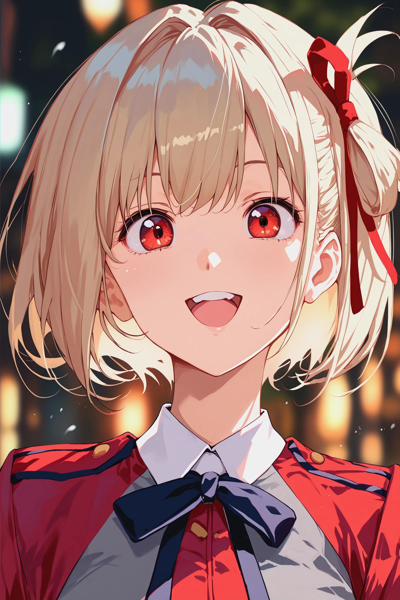 score_9, score_8_up, score_7_up,
1girl, chstnshkg, light blonde hair, red eyes, short hair, hair ribbon, two-tone dress, pleated dress, red dress, grey dress, neck ribbon, long sleeves, huge eyes,
upper body, open mouth, smile
blurry background,
<lora:Chisato Nishikigi:0.9>, <lora:Urushihara Satoshi_XL_PONY_V2:0.6>, <lora:pixivtext2:0.3>, <lora:anrakugai_xl4:0.3>