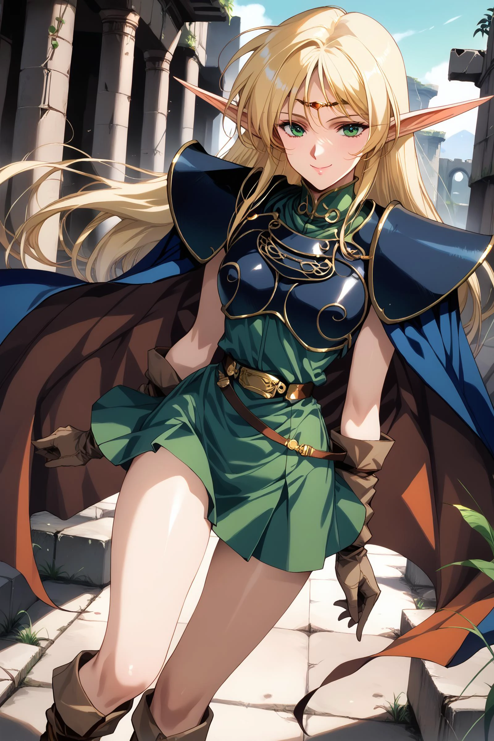 score_9, score_8, score_7, score_6_up, score_5_up, from above,
deedlit, circlet, shoulder armor, breastplate, green tunic, gold choker, arm_wraps, belt, brown footwear, boots, ruby circlet, gold line filigree decoration, short tunic, short skirt,
1girl, long hair, blonde, elf, navy blue breastplate, navy blue shoulder armor, sleeveless, leather gloves, Cloak, green shirt, brown gloves, two-tone cape, long boots,long cape,
beautiful face, 24 years old,
smile, green eyes,
bangs,
record of lodoss war,
cowboy shot,
ruins,
<lora:Degen_Deedlit_v1:0.55>, <lora:TOO_NobuteruYuuki_v3B_PonyXL:0.55>, <lora:PirotessXLpony001:0.3>, <lora:Urushihara Satoshi_XL_PONY_V2:0.4>, <lora:Sinozick_Style_XL_Pony:0.2>, <lora:DefaultZ17:0.2>, <lora:style1:0.2>, <lora:pixivtext2:0.2>, <lora:flyx3_XL_PONY:0.2>