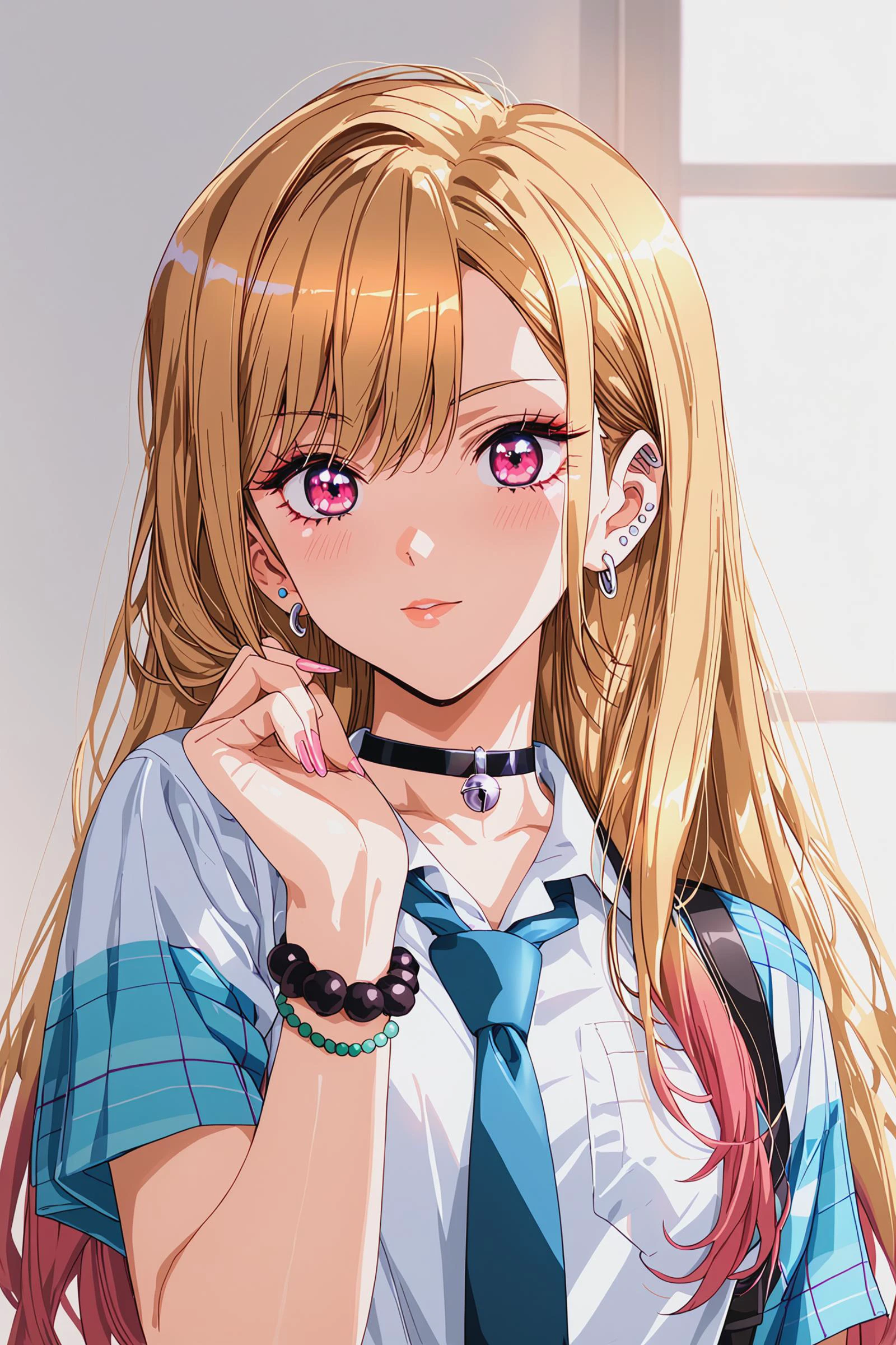 score_9, score_8_up, score_7_up, hand up,
1girl, tKitagawaMarin, multicolored hair, blonde hair, long hair, magenta eyes, ear piercing, earrings, pink nails, makeup, MarinSchool, bead bracelet, black choker, neck bell, white shirt, short sleeves, blue necktie, plaid skirt,
upper body, close up,
simple background,
<lora:SonoBisqueDoll_KitagawaMarinXL:0.8>, <lora:Urushihara Satoshi_XL_PONY_V2:0.7> , <lora:Nagaredamaya_BANG-YOUs_Assorted_Doujin_Artstyle_Blend_PonyXL:0.4>, <lora:DefaultZ17:0.2>, <lora:gg3:0.6>, <lora:pixivtext2:0.5>