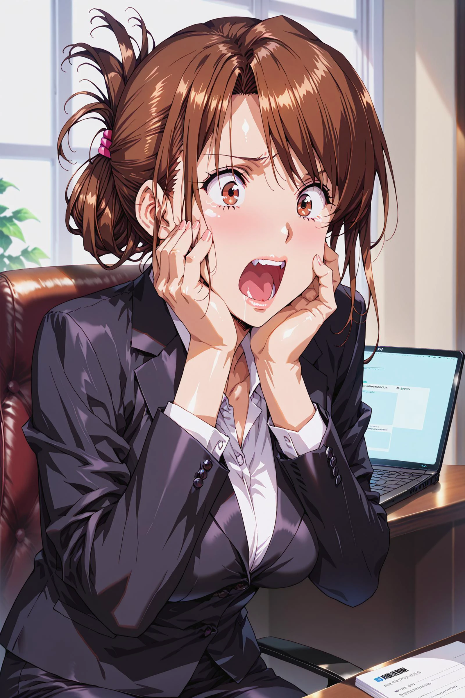 score_9, score_8_up, score_7_up,
cowboy shot, brown eyes, wide-eyed, panicking, sitting, upper body, hands on own cheeks, open mouth, screaming,
1girl, solo, hisato azuma, brown hair,
large breasts, mature female,
formal, suit, office lady, pencil skirt, black skirt, black jacket, folded ponytail,
office, desk laptop, window,
urushihara satoshi style,
<lora:hisato-azuma-ova-ponyxl-lora-nochekaiser:0.7>, <lora:gg3:0.45>, <lora:Sinozick_Style_XL_Pony:0.5>, <lora:woman_consistency_v2-loha:0.5>, <lora:pixivtext2:0.3>, <lora:super lora_flyx3_XL_PONY:0.65> , <lora:cnv3mdde878c738thn20:0.1>