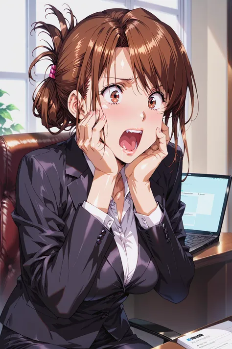 score_9, score_8_up, score_7_up, 
cowboy shot, brown eyes,  wide-eyed, panicking, sitting, upper body, hands on own cheeks, open mouth, screaming, 
1girl,  solo, hisato azuma, brown hair, 
large breasts, mature female, 
formal, suit, office lady, pencil skirt, black skirt, black jacket, folded ponytail,
office, desk laptop, window,
urushihara satoshi style,
 <lora:hisato-azuma-ova-ponyxl-lora-nochekaiser:0.7>,  <lora:gg3:0.45>,  <lora:Sinozick_Style_XL_Pony:0.5>, <lora:woman_consistency_v2-loha:0.5>,  <lora:pixivtext2:0.3>,  <lora:super lora_flyx3_XL_PONY:0.65> ,  <lora:cnv3mdde878c738thn20:0.1>