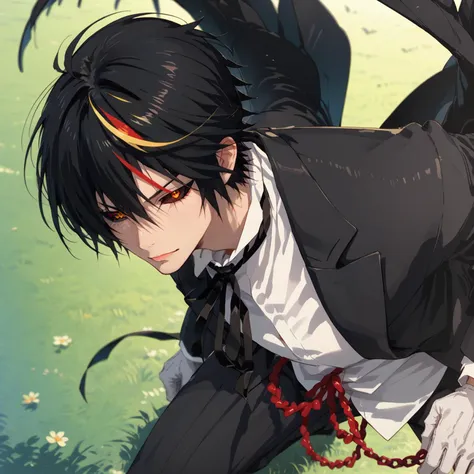 score_9, score_8,  score_7, score_6_up, score_5_up, from above, 1boy, male focus, solo, black hair, streaked hair, black sclera, multicolored hair, formal, suit, red hair, blonde hair, looking at viewer, shirt, necktie, white shirt, collared shirt, yellow eyes, black jacket, chain, gloves, pants, white gloves, wings, detailed eyes, (((close portrait, face focus))).
<lora:Sinozick_Style_XL_Pony:0.2>,  <lora:DefaultZ17:0.2>,  <lora:style1:0.2>, <lora:flyx3_XL_PONY:0.2> <lora:pixivtext2:0.2>, <lora:K3R4X_Portraits:0.45>, <lora:Noir-Diablo-Pony:1> noirdiablo,